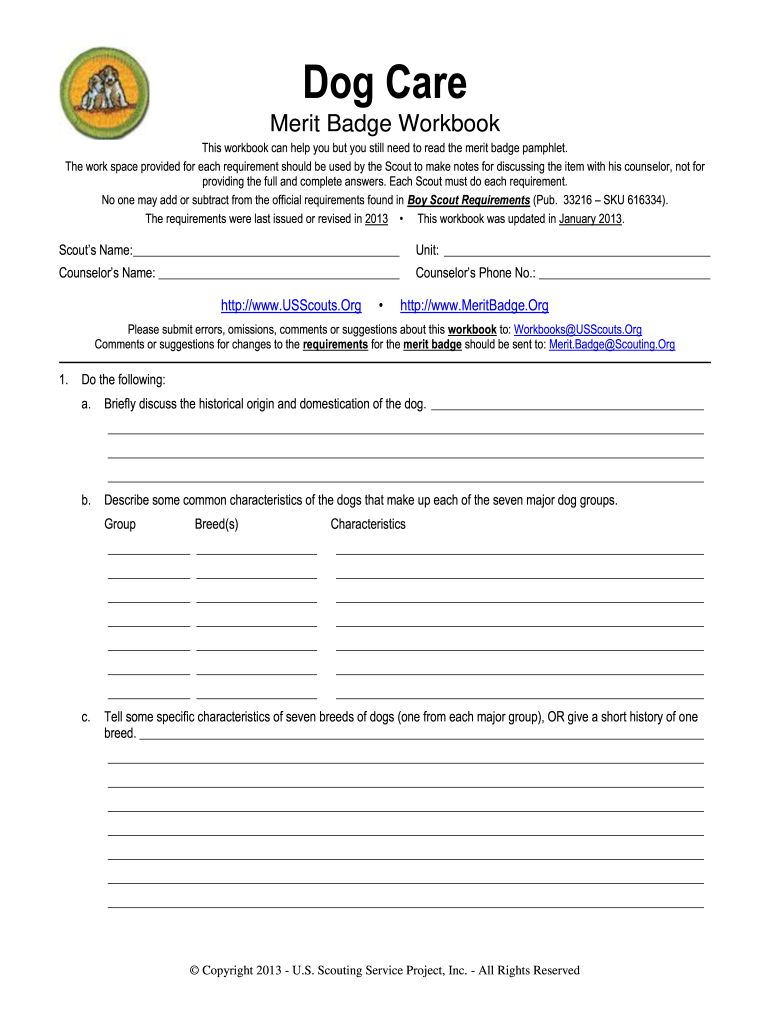 Dog Care Merit Badge Worksheet Guide