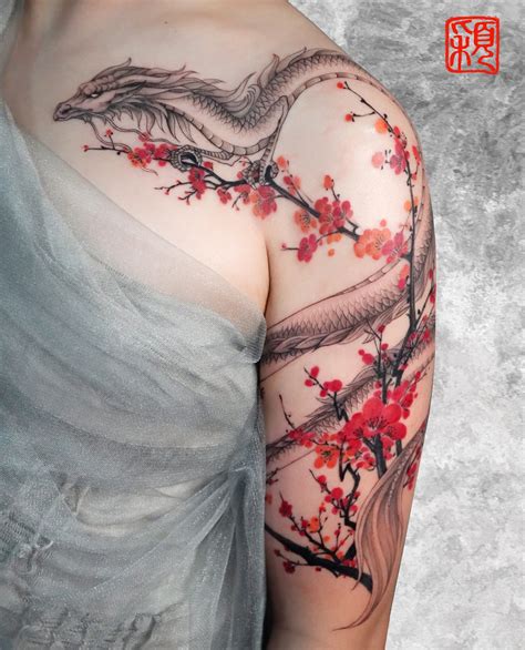 Gloria Guanying Zhang Haku The Dragon With Ink Wash Cherry Blossoms Thank You My Beautiful Client Emilie For Trusting Me She Flew In From Another State Instagram
