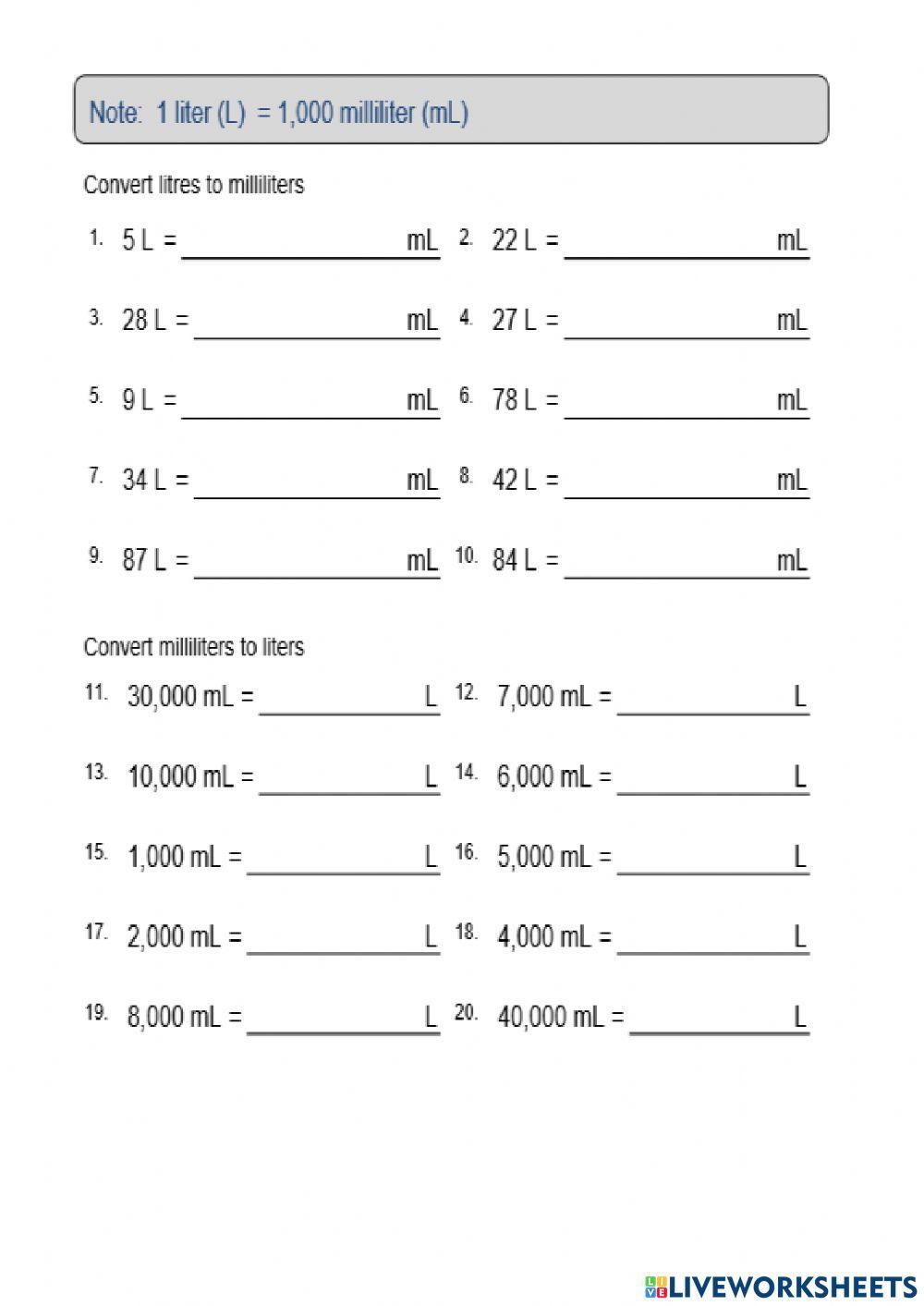 Liters And Milliliters Worksheets Liters And Milliliters Worksheets