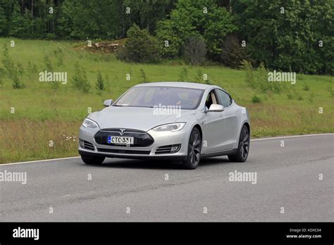 Paimio Finland June 23 2016 Grey Tesla Model S Electric Car Moves