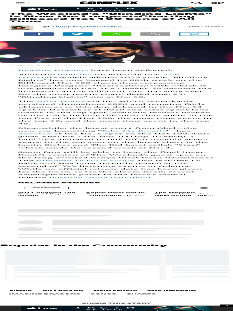 The Weeeknd S Blinding Lights Named No 1 Song Of All Time The Weeeknd S Blinding Lights Named No 1 Song Of All Time