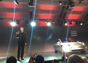 Elon Musk presents the Model 3 at Hawthorne, CA