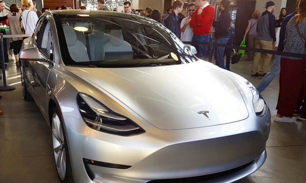 Silver Tesla Model 3 at the Avaya Stadium, Nov 5, 2016