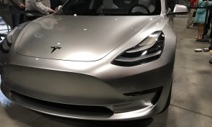 Silver Tesla Model 3 front corner at the Avaya Stadium, Nov 5, 2016