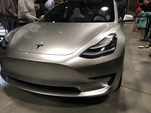 Silver Tesla Model 3 front corner at the Avaya Stadium, Nov 5, 2016