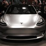 Silver Tesla Model 3 front corner at the Avaya Stadium, Nov 5, 2016