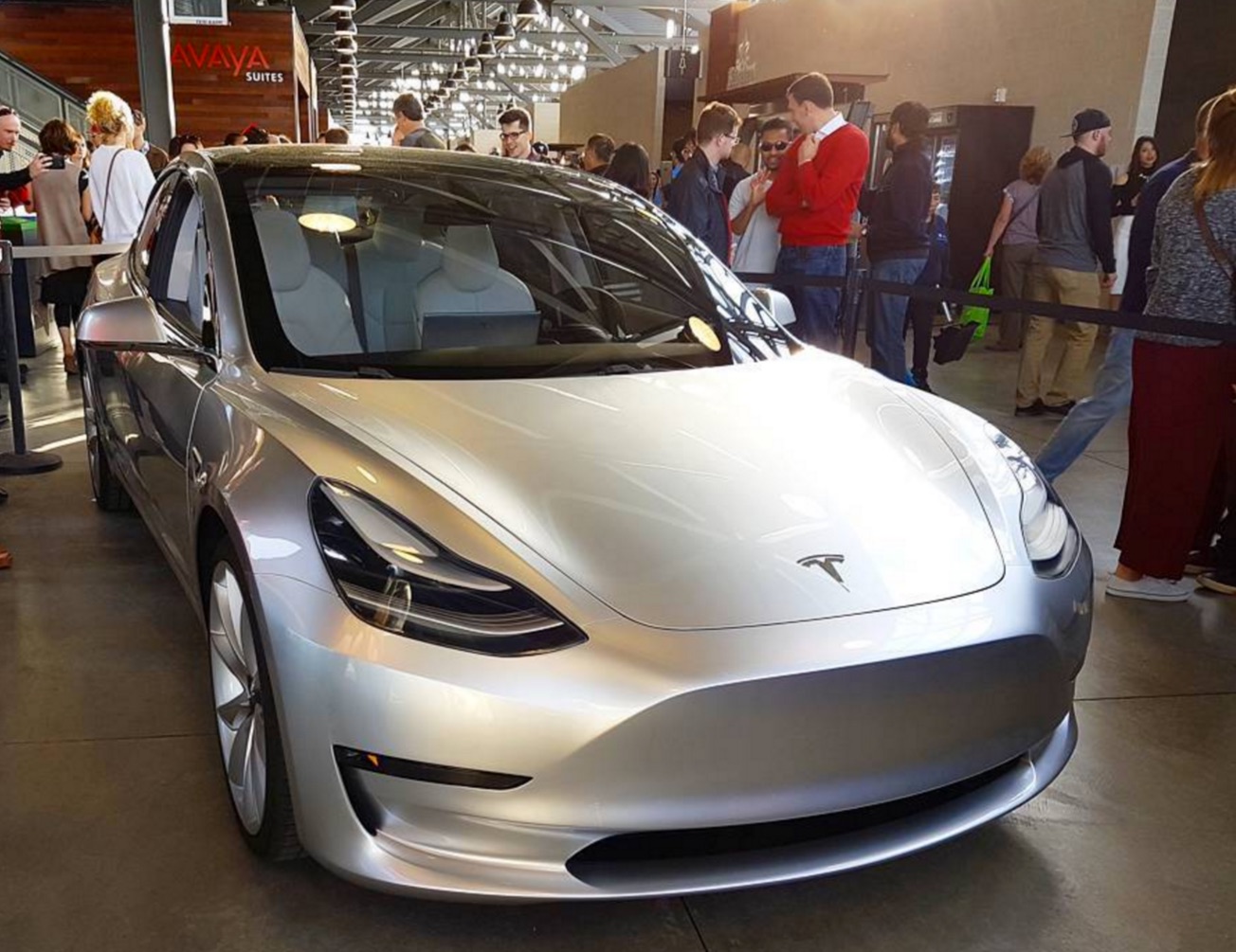 Silver Tesla Model 3 at the Avaya Stadium, Nov 5, 2016