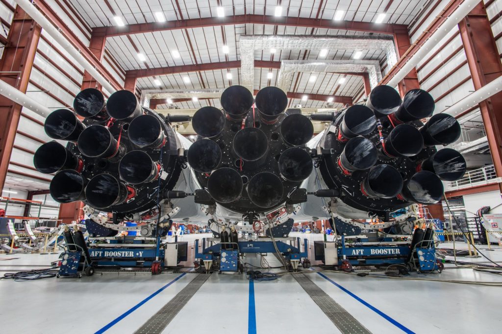 Falcon Heavy's 27 engines on display at 39A. The white material on the left and right engines are indicative of flight-proven boosters. (SpaceX)