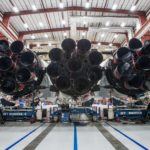 Falcon Heavy's 27 engines on display at 39A. The white material on the left and right engines are indicative of flight-proven boosters. (SpaceX)