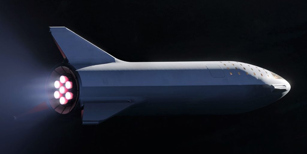 A zoomed view of SpaceX's updated BFR design. Seven Raptors (shown) power the spaceship upper stage. (SpaceX)