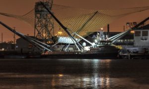 Mr. Steven returned to Port of San Pedro around on October 8th after a day spent at sea, apparently with a Falcon fairing half in tow. This is the second known time that a fairing has been in Mr. Steven's net. The fairing was eventually lifted off around noon the following day.