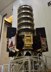 The custom-built spacecraft dispenser is seen here with six satellites attached. (OneWeb)