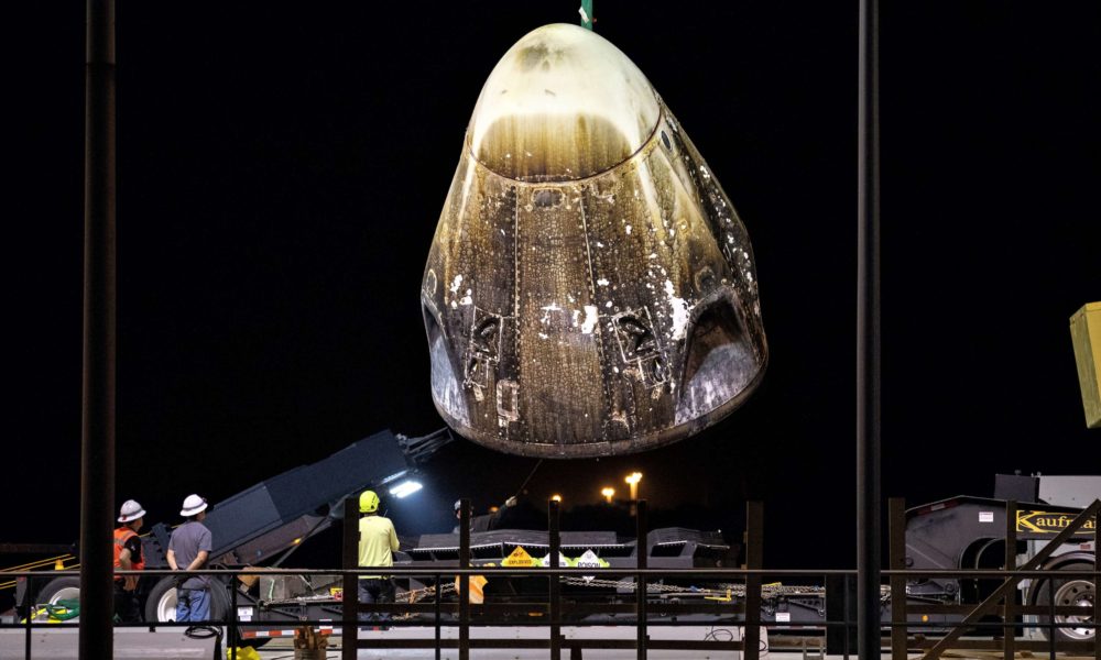 Crew Dragon is lifted off the deck of SpaceX recovery vessel GO Searcher after safely arriving at Port Canaveral, March 10th. (NASA)