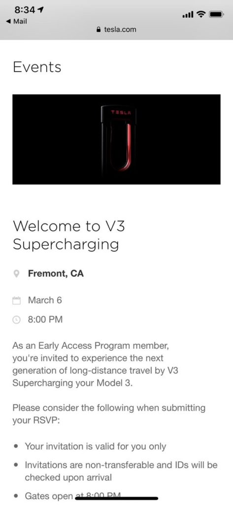 Tesla invitation to attend V3 Supercharging event in Fremont (Credit: @privater via Twitter)