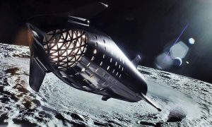 A steel Starship soars around the Moon in this official render. (SpaceX)