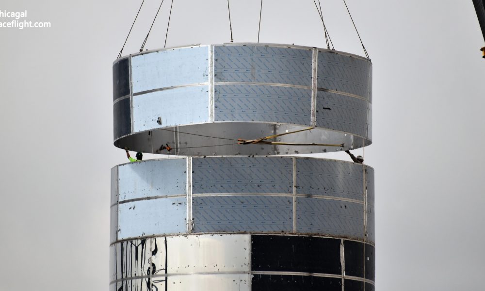 SpaceX technicians install one of Starship Mk1's final ring sections on August 7th. On September 14th, a similar milestone took place with a combined ring and tank dome. (NASASpaceflight - bocachicagal)