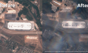 Before & After photos of Tesla's Giga Texas solar roof as seen from space