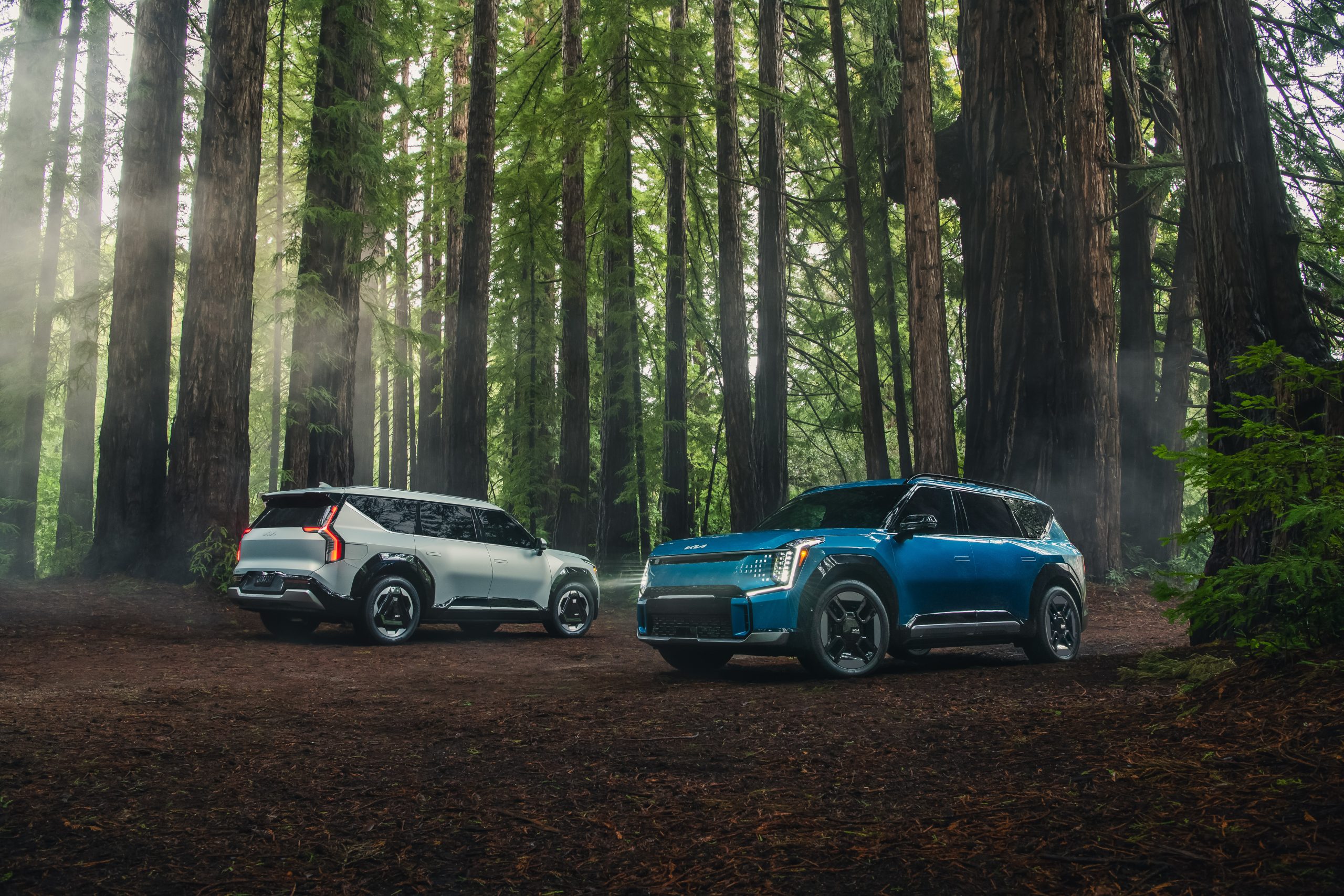 kia ev9 suvs in the woods